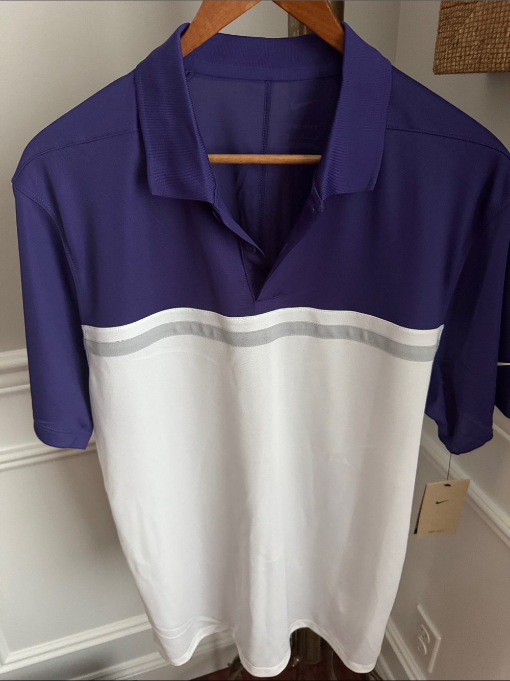 Nike Purple and White Short-Sleeve Polo with Gray Stripe